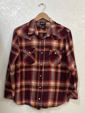Wrangler Retro • Plaid Flannel 100% Cotton • Pearl Snap Buttons, Size Large.